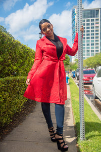 Red Collard Fish Net Tie A-Line Trench Coat featuring a light red detailed floral design, pockets and lining.